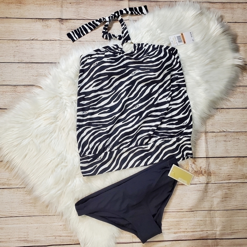 MICHAEL Kors Tankini Logo Ring Hardware 2 Piece Swing Zebra Print Size S - Picture 5 of 12
